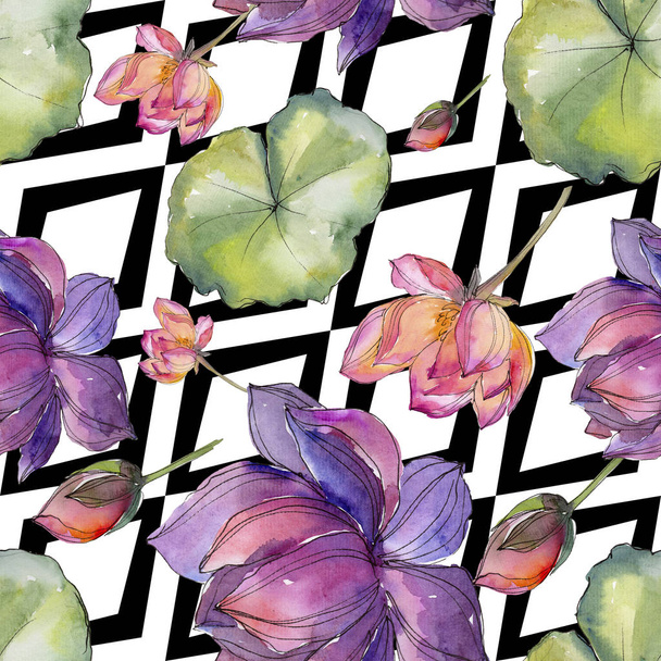 Watercolor colorful lotus flower. Floral botanical flower. Seamless background pattern. Fabric wallpaper print texture. Aquarelle wildflower for background, texture, wrapper pattern, frame or border. - Foto, Imagem