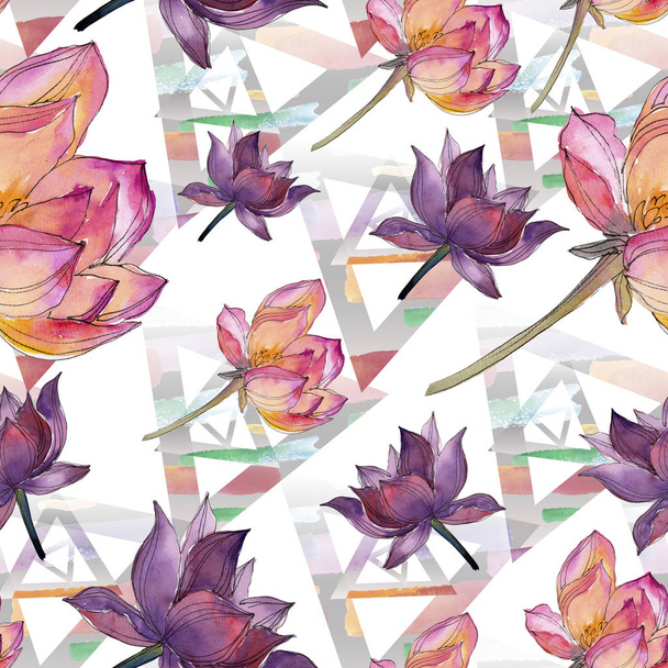 Watercolor colorful lotus flower. Floral botanical flower. Seamless background pattern. Fabric wallpaper print texture. Aquarelle wildflower for background, texture, wrapper pattern, frame or border. - Zdjęcie, obraz