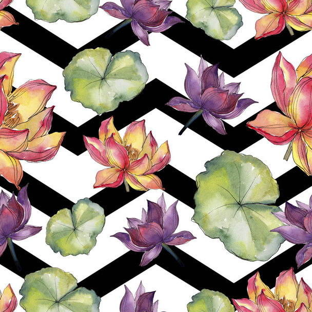 Watercolor colorful lotus flower. Floral botanical flower. Seamless background pattern. Fabric wallpaper print texture. Aquarelle wildflower for background, texture, wrapper pattern, frame or border. - Photo, Image