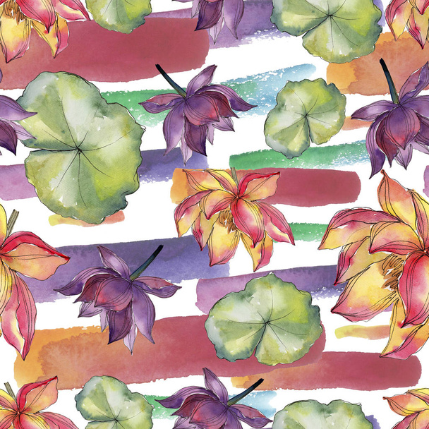 Watercolor colorful lotus flower. Floral botanical flower. Seamless background pattern. Fabric wallpaper print texture. Aquarelle wildflower for background, texture, wrapper pattern, frame or border. - Foto, Bild