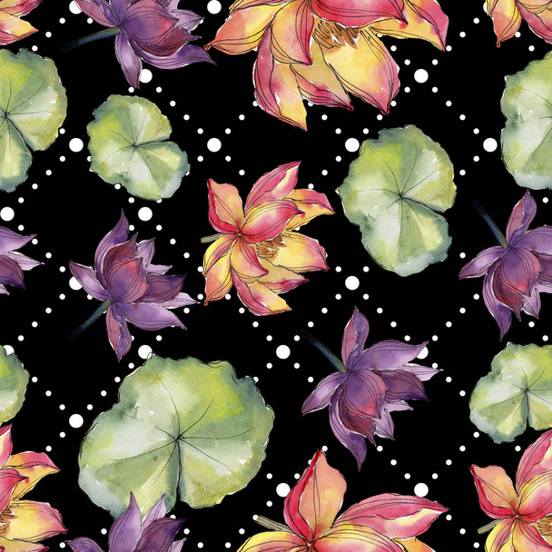 Watercolor colorful lotus flower. Floral botanical flower. Seamless background pattern. Fabric wallpaper print texture. Aquarelle wildflower for background, texture, wrapper pattern, frame or border. - Photo, Image