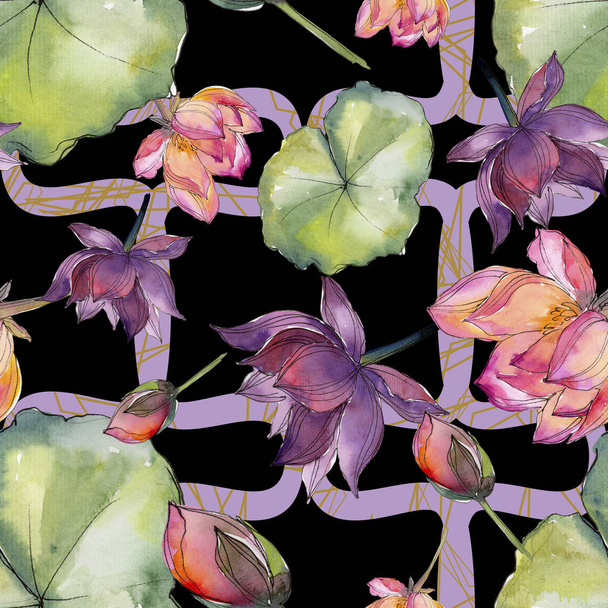 Watercolor colorful lotus flower. Floral botanical flower. Seamless background pattern. Fabric wallpaper print texture. Aquarelle wildflower for background, texture, wrapper pattern, frame or border. - Foto, immagini