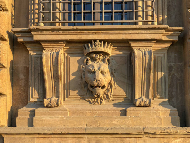 Закрыть львиную лепнину в Палаццо Питти, старом дворце семьи Медичи во Флоренции, Италия
. - Фото, изображение