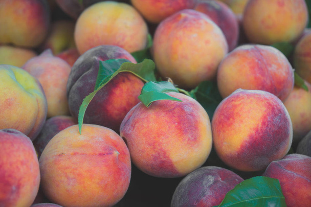 Lot of ripe peaches in the supermarket. - Photo, Image