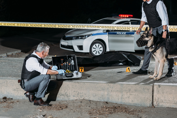 policier homme assis près de l'affaire pour des outils d'enquête tandis que son collègue debout près avec chien en laisse sur la scène de crime avec cadavre
  - Photo, image
