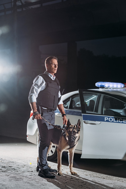 serious policeman in bulletproof vest holding german shepherd dog on leash near car at city street - Photo, Image