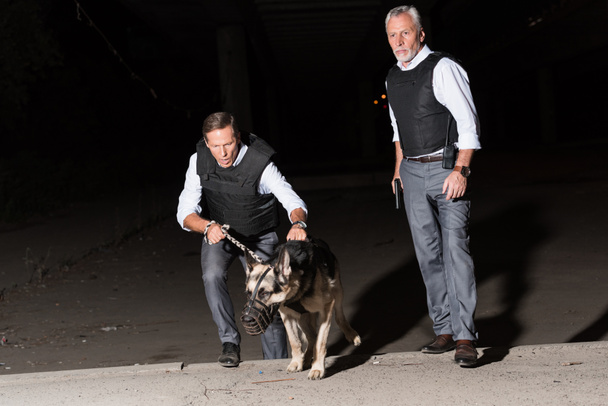 serious male police officers with german shepherd dog on leash at street  - Foto, Bild