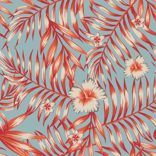 Cool tropical leaves. Hibiscus, plumeria flowers red, orange color. Seamless flat vector pattern on the blue background - Vector, Imagen