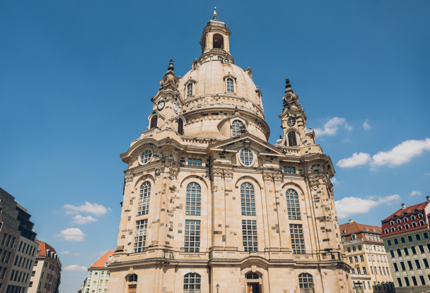 low angle view of beautiful famous Church of Our Lady (Dresden Frauenkirche) in Dresden, Germany - Foto, immagini