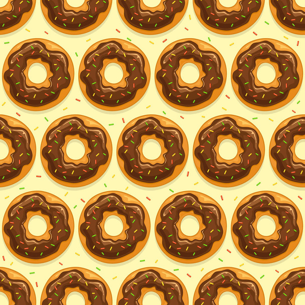 Seamless background with donuts with chocolate glaze and colorful sprinkles on yellow background, illustration. - ベクター画像