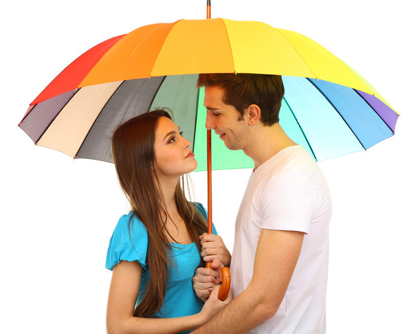 Loving couple standing with umbrella isolated on white - Foto, Imagen