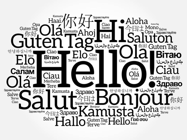 Γεια σας σύννεφο λέξη σε διάφορες γλώσσες του κόσμου, έννοια φόντου - Διάνυσμα, εικόνα