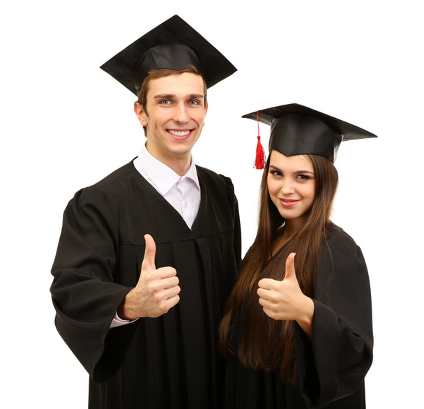Two happy graduating students isolated on white - Foto, afbeelding