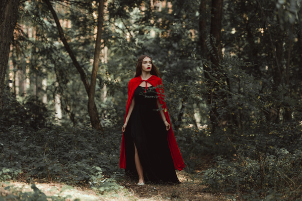 mystic girl in black dress and red cloak walking in forest - Fotoğraf, Görsel
