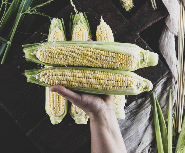  human hand holds two ripe corn cobs over a table, a top view - Foto, imagen