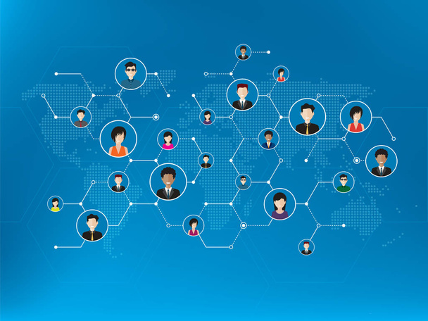 ソーシャル メディアやソーシャル ネットワークによって接続された人々。コミュニケーション、ビジネス、グローバル化の概念。人のアイコン、世界地図、青い技術の背景の線と六角形デザイン. - ベクター画像