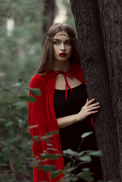 красивая мистическая девушка в красном плаще и элегантный венок в лесу
 - Фото, изображение