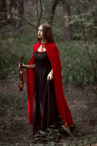 attractive mystic woman in red cloak holding violin in dark forest - Foto, afbeelding