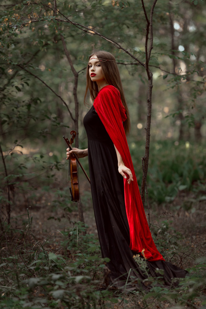 attractive mystic woman in black dress and red cloak holding violin in forest - Φωτογραφία, εικόνα