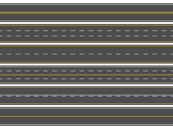 Dálnice dopravní značení. Horizontální rovné asfaltové silnice, moderní pouliční vozovky řádky nebo prázdné silnice označení vektorové ilustrace sada - Vektor, obrázek