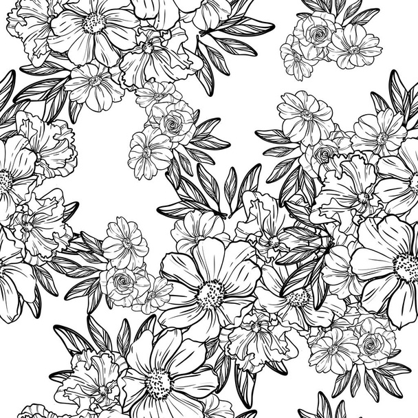 Seamless vintage style flower pattern. Floral elements in contour - Vektör, Görsel