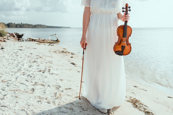 cropped view of girl in elegant dress holding violin on beach near sea  - Фото, изображение