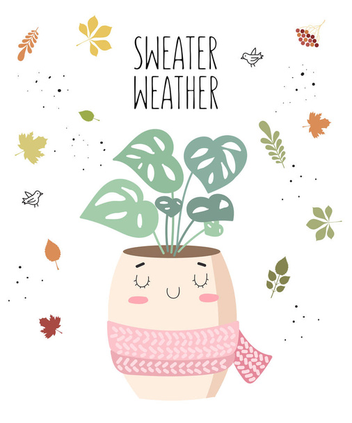 Vector postcard with cute house plant in flower pot with scarf. Valentine's day, anniversary, autumn fest, Thanksgiving, baby shower, birthda - Vetor, Imagem