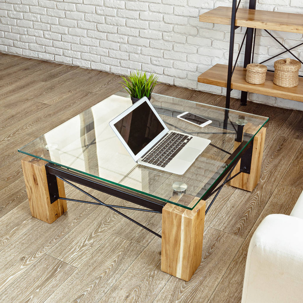 modern glass table in light stylish loft interior - Foto, Imagen