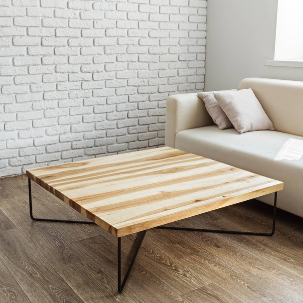 modern wooden table in stylish loft interior - Zdjęcie, obraz