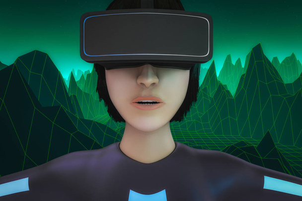 postać kobieca z wirtualnej rzeczywistości okulary w cyberprzestrzeni (renderowania 3d) - Zdjęcie, obraz