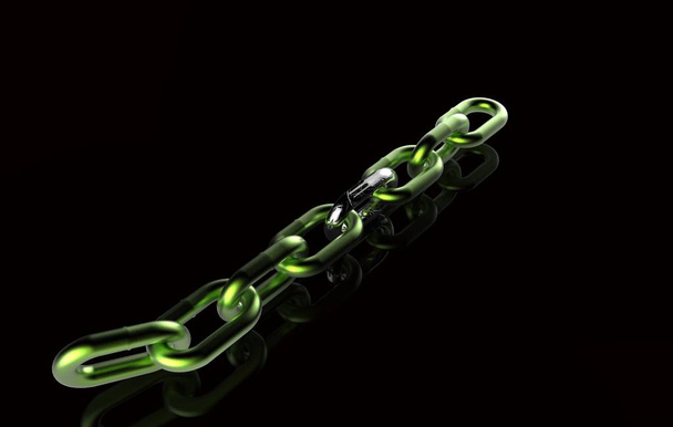 Green metal chain with silver link 3D rendering Isolated on a black background - Photo, Image