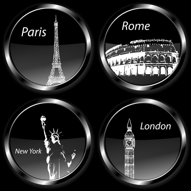 Symbole der Reiseziel-Abzeichen mit Paris, London, Rom und New York und ihren Wahrzeichen - Foto, Bild