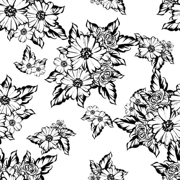 Seamless vintage style flower pattern. Floral elements in contour - Διάνυσμα, εικόνα