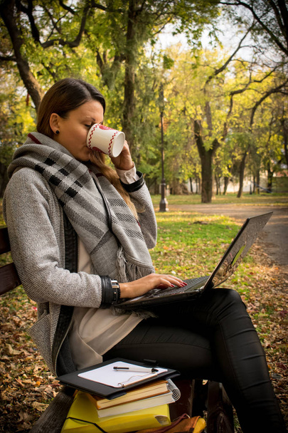 schöne Frau im Park trinkt Kaffee und surft im Internet - Foto, Bild