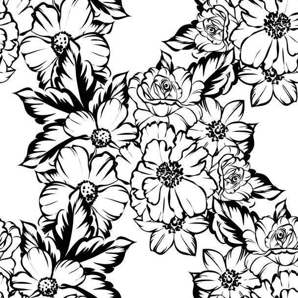 Seamless vintage style flower pattern. Floral elements in contour - Vetor, Imagem