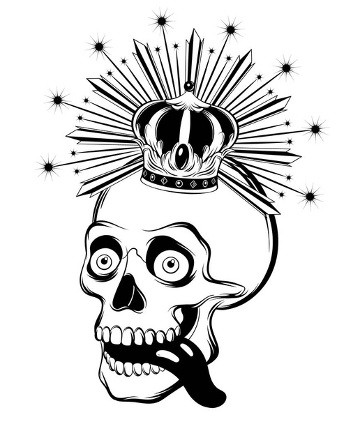 Ilustración dibujada a mano vectorial del cráneo humano en corona aislada. Tatuaje creativo. Plantilla para tarjeta, póster, banner, impresión para camiseta, pin, placa, parche
. - Vector, Imagen