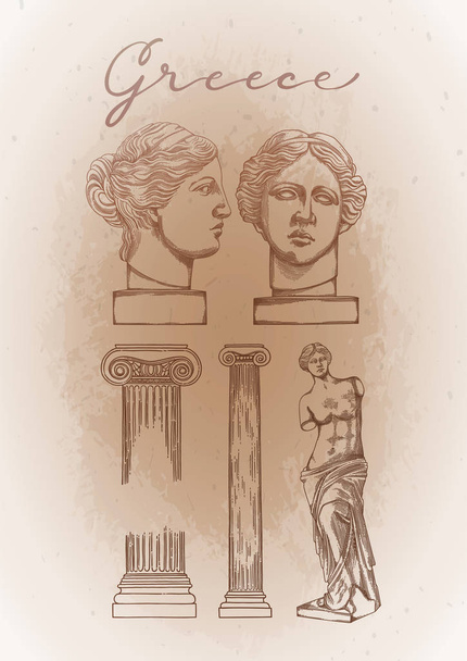 Collection of ancient columns and sculptures of Venus de Milo - Vector, Image