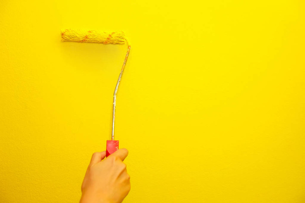 Mão feminina parede de pintura em amarelo com rolo de pintura
. - Foto, Imagem