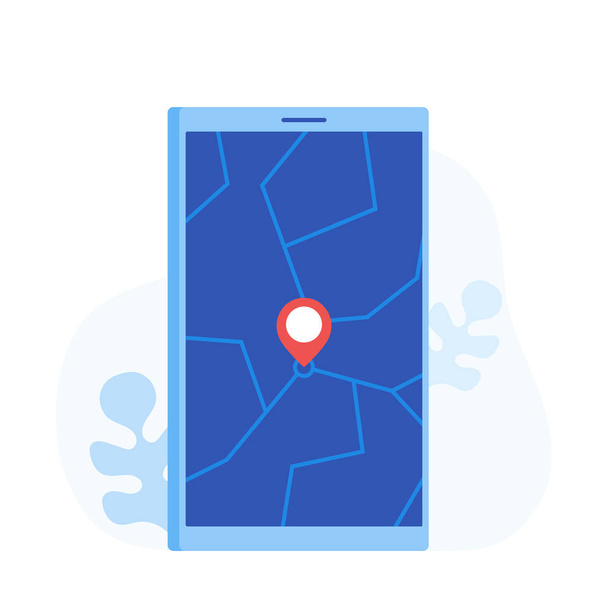 Geo-Pin-Tag auf dem Handy-Display. Smartphone mit Karte auf dem Bildschirm. GPS, Reiseziel, Reisen, Kartennavigation, Standort. moderne flache Vektorillustration - Vektor, Bild