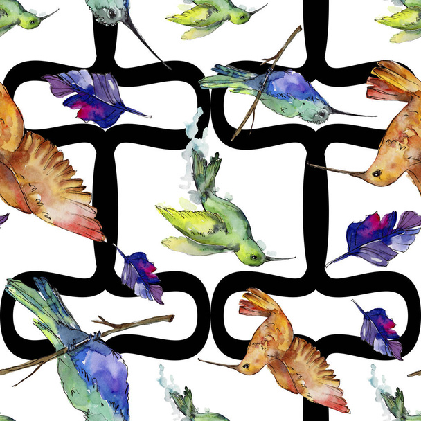 Sky bird colorful colibri in a wildlife by watercolor style. Seamless background pattern. Fabric wallpaper print texture. Bird with a flying wings. Aquarelle bird for background, texture, pattern. - Zdjęcie, obraz