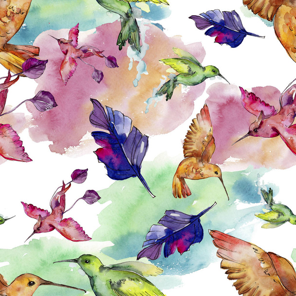 Sky vogel kleurrijke colibri in een fauna door aquarel stijl. Naadloze achtergrondpatroon. Structuur behang print textuur. Vogel met een vliegende vleugels. Aquarelle vogel voor achtergrond, textuur, patroon. - Foto, afbeelding