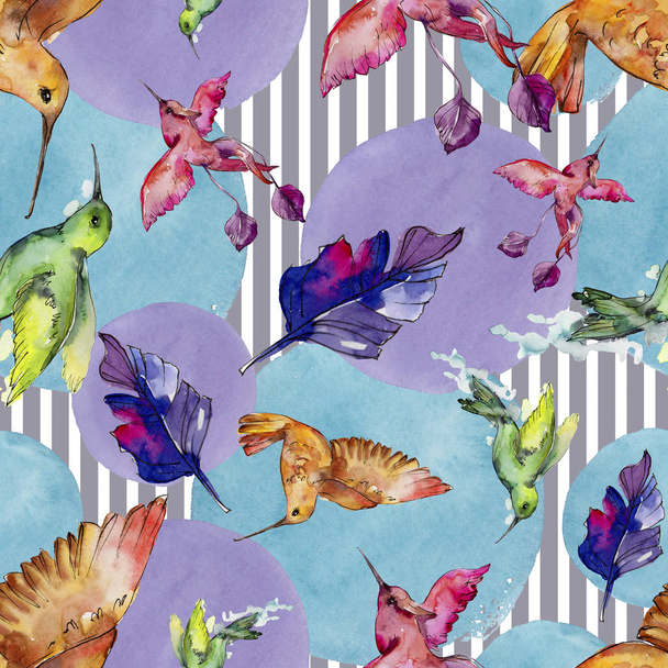Sky vogel kleurrijke colibri in een fauna door aquarel stijl. Naadloze achtergrondpatroon. Structuur behang print textuur. Vogel met een vliegende vleugels. Aquarelle vogel voor achtergrond, textuur, patroon. - Foto, afbeelding