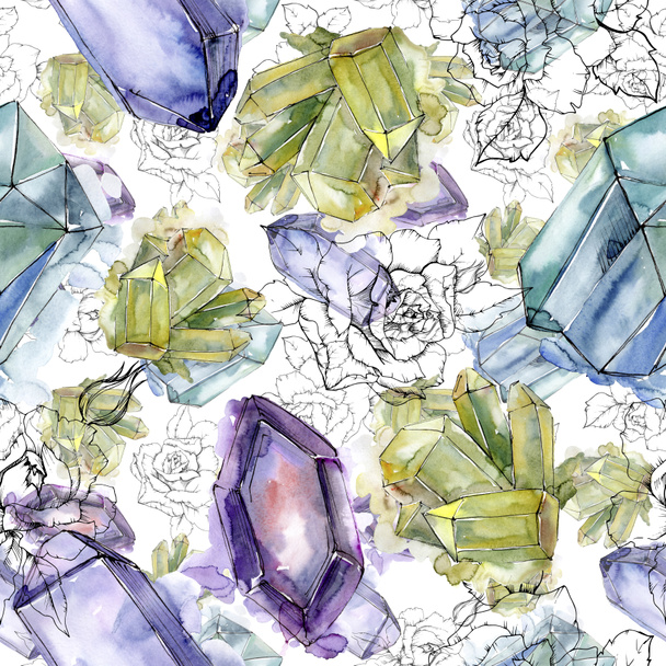 Colorful diamond rock jewelry mineral. Seamless background pattern. Fabric wallpaper print texture. Geometric quartz polygon crystal stone mosaic shape amethyst gem. - Photo, Image