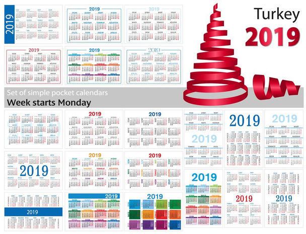 Set of simple pocket calendars for 2019 (Two thousand nineteen). Week starts Monday. Translation from Turkey - "january, february, march, april, may, june, july, august, september, october, november, december". - Vector, Image