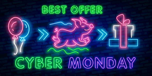 Black Friday sale neon sign, neon banner, background brochure. Glowing neon sign, bright glowing advertising, sales discounts Black Friday. Cyber monday - Vector, Imagen