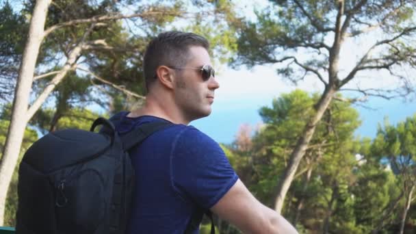 Férfi turisztikai nagy hátizsákkal hegyen. - Felvétel, videó