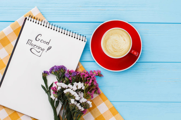 Good morning concept, cop of coffee and flowers. - Photo, Image
