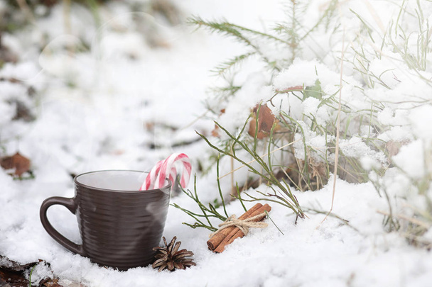 Чашка с горячим напитком в зимнем лесу. Горячий какао с корицей
 - Фото, изображение