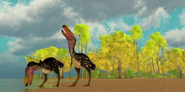 zwei kelenken "terrorvögel" kommen in der miozän zeit argentiniens, südamerikas, an einen see, um zu trinken. - Foto, Bild