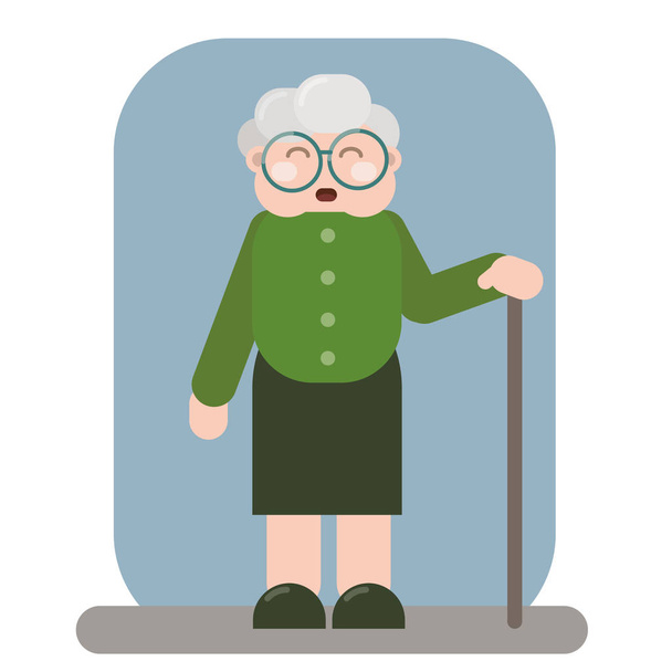 Mosolygó idős nő a régi ruhákat, a cukornád- és szemüveg - Vektor, kép